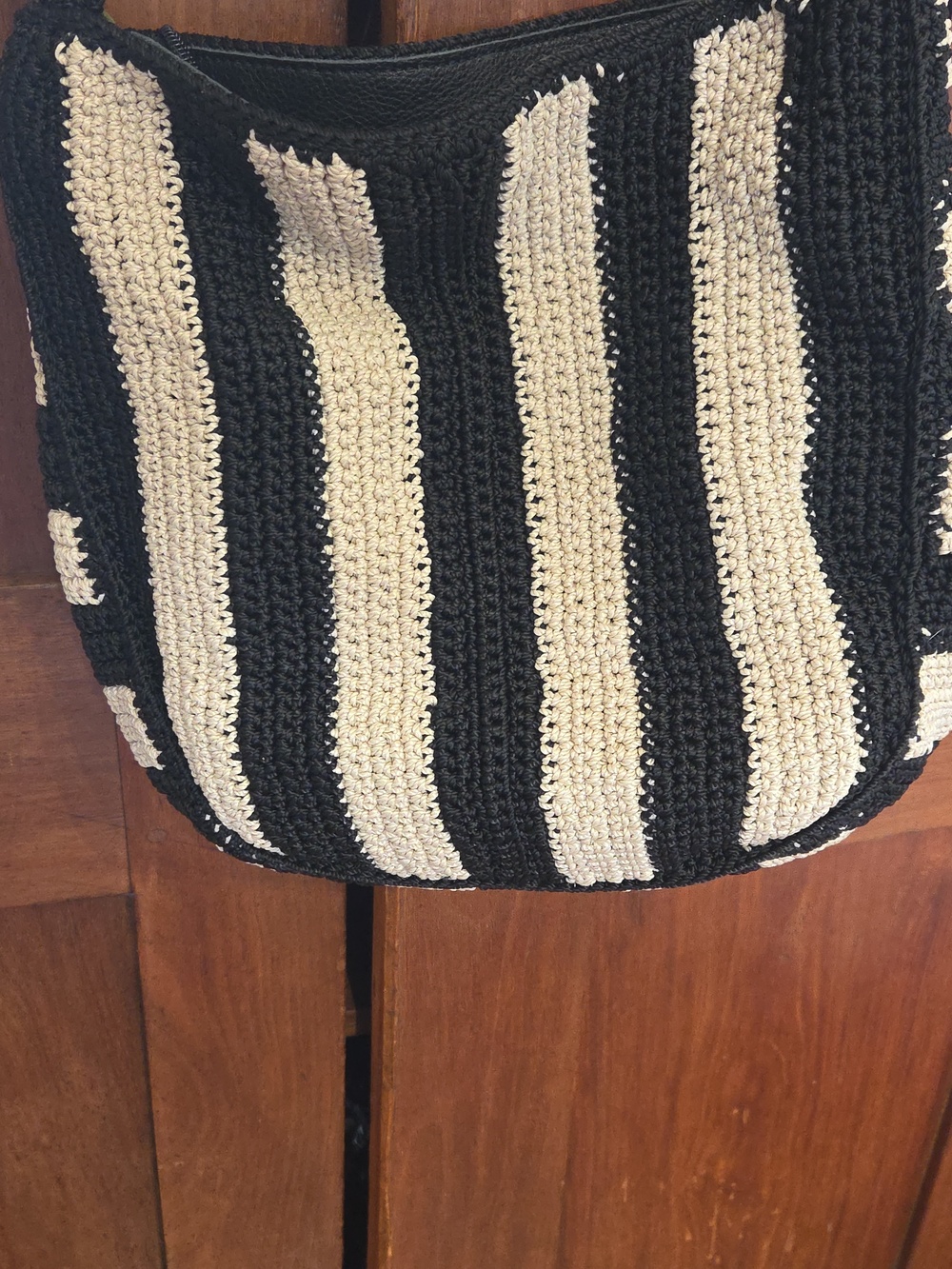 The Sak Los Feliz Crochet Medium Black and Cream Striped Crossbody Bag